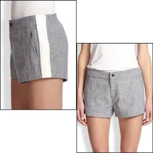 Rag & Bone Nesi Shorts 00 Cotton Linen Leather White Blue Stripes Stretch Panel